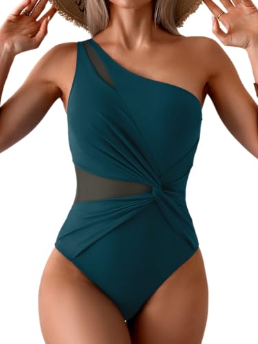 Aidonger One Shoulder One Piece Swimsuit for Women Mesh Tummy Control Bathing Suit Twist Swimwear Peacock Green