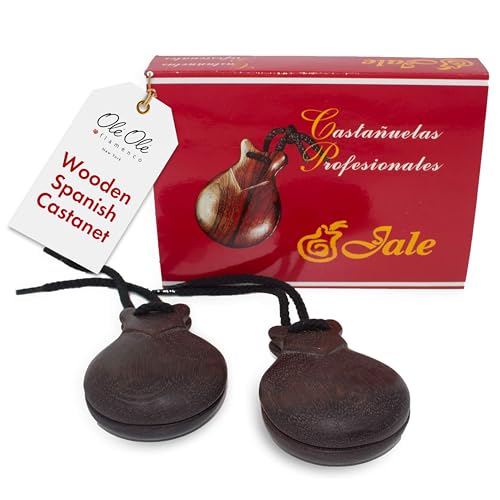 Jale Flamenco Castanets – Professional Granadillo Wood Spanish Castanets (Castañuelas Españolas), Size T‑6 Brown, Handmade in Spain Percussion Instrument for Adult Women by Ole Ole Flamenco
