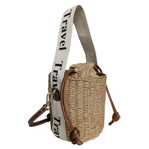 NIBD Beach Bag for Women Straw Woven Tote Bag Summer Bucket Shoulder Bag Straw Crossbody Bag Letter Handbag Purse (G Brown)