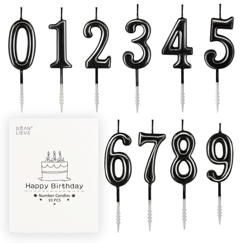 Beanlieve Black Numeral Birthday Candles - Cake Numeric Candles Number 0 1 2 3 4 5 6 7 8 9,Used for Cake Decoration on Birthday Parties and Wedding Anniversary Celebrations(10 Pieces)