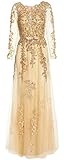 Meier Women's Illusion Long Sleeve Embroidery Prom Formal Dress Gold Size 16