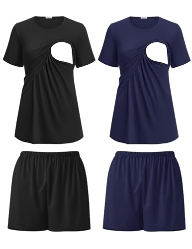 Ekouaer Maternity Pajamas 2 Pack Short Sleeve Nursing Loungewear Breastfeeding PJS Postpartum Nursing Tops & Shorts XXL Black/Navy Blue
