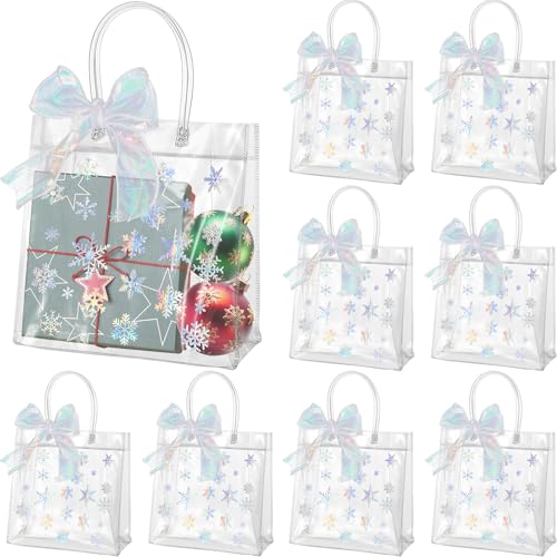 Henoyso 24 Pcs Snowflake Clear Gift Bags Winter Frozen Party Favors Bags Christmas Plastic Candy Goodie Treat Tote with Handles and Ribbon 7.8 x 7.8 x 3.1 PVC Gift Wrap Tote(Laser Silver)