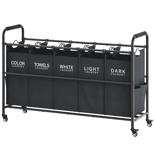 Tajsoon 5 Bag Laundry Sorter Cart, 5 Section Laundry Hamper with Heavy Duty Rolling Lockable Wheels, Laundry Basket Organizer with Removable Bags for Dirty Clothes Storage, Black
