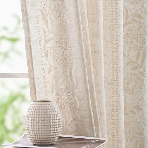 jinchan Linen Curtains for Bedroom 84 Inches Length Linen Blended Embroidered Floral Curtains for Living Room Farmhouse Decor Light Filtering Window Treatments Ivory on Beige Drapes 2 Panels
