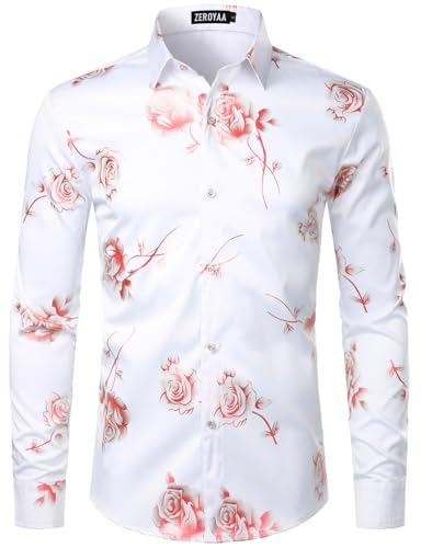 ZEROYAA Mens Hipster 3D Rose Deign Slim Fit Long Sleeve Button Up Dress Shirts ZZCL22 White Pink X-Large