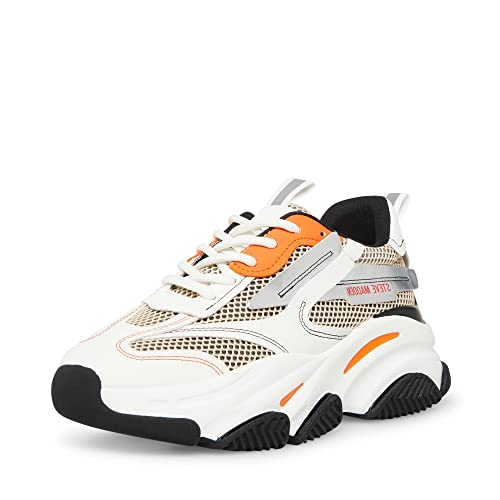 Steve Madden Possession White/Grey Lace Up Boyfriend Chunky Platform Sneakers (White/Grey/Orange, 7.5)