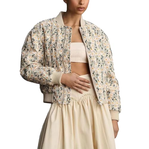Shiyifa Women's Embroidered Daisy Cropped Bomber Jacket Long Sleeve Quilted Puffer Jackets Padded Coat Outerwear(Apricot-L)