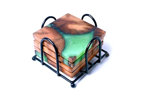 Alivealley Wooden Coasters for Drinks - Natural Acacia Wood Drink Coaster Set for Drinking Glasses, Tabletop Protection for Any Table Type, Set of 4 with Holder Stand (Set of 4 Green)