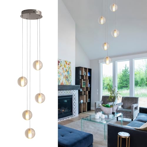 GINSENGLUX 5 Lights Nickel Foyer Chandeliers for High Ceilings Raindrop Crystal Ball Staircase Chandelier Dimmable LED Entryway Pendant Light Hanging for Dining Room Hallway, Include Bulbs