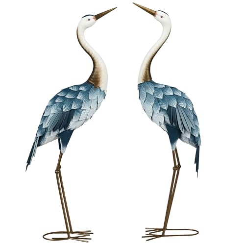Outsunny Crane Garden Statues, 28.5" & 29" Standing Bird Sculptures, Metal Yard Art Decor for Lawn, Patio, Backyard, Landscape Decoration Set of 2, Blue & White