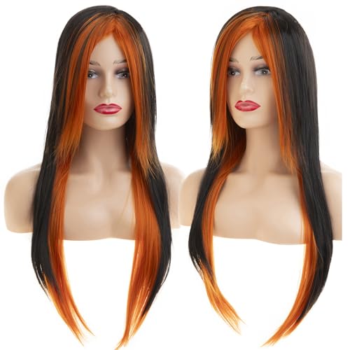 Baruisi Long Orange Black Wig Silky Straight Synthetic Heat Resistant Side Bangs Halloween Costume Hair Wigs for Women Girls