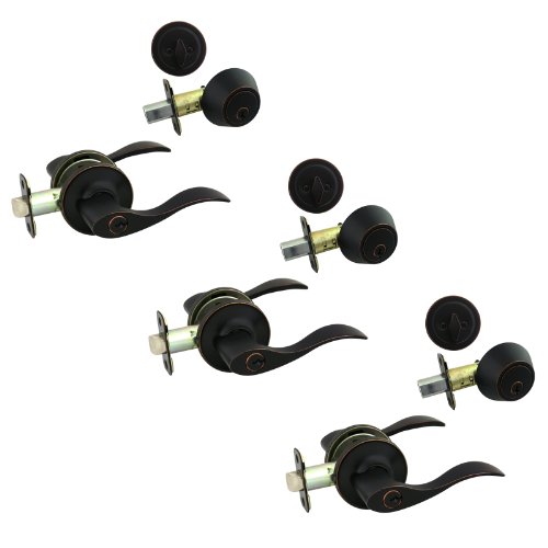3 - Cosmas 80 Series Oil Rubbed Bronze Entry Lever with Matching Single Cylinder Deadbolt Combo Packs Keyed Alike (We Key Lock Orders Alike for Free)
