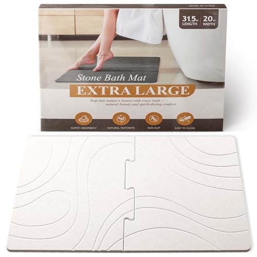 BAVIFY 32 * 20 Large Stone Bath Mat for Bathroom Quick Dry Diatomaceous Earth Bath Mat, Non Slip Bathroom Shower Floor Mat Modernized Magic Water Absorbing Diatomite Stone Drying Bathmat White