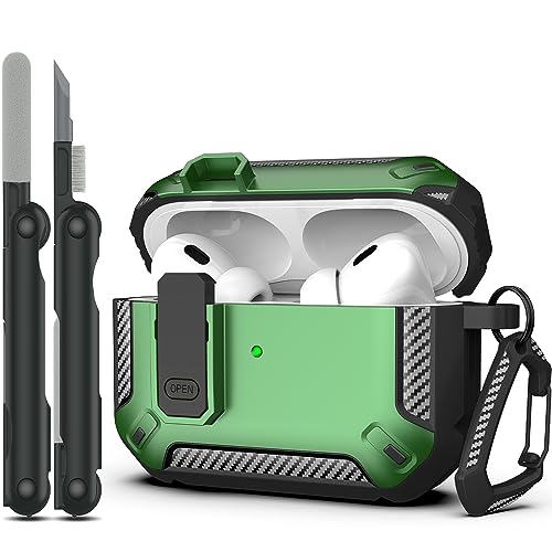 RFUNGUANGO for AirPods Pro 2nd Generation Case Cover with Cleaner Kit, Military Hard Shell Protective Armor with Lock for AirPod Gen 2 Charging Case2023, 2022, Front LED Visible,Green