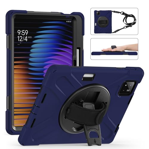 GooodiDEAR for Xiaomi Mi Pad 7/7 Pro Case, Shockproof Case with 360 Rotate Stand, Hand/Shoulder Strap, Pencil Holder, Protective Cover for Men, Women, Kids - Navy Blue