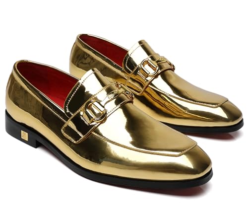 Erphpre Paul Men's Tuxedo Patent Leather Loafers Fashion Buckle Comfortable Dress Shoes Gold US 11