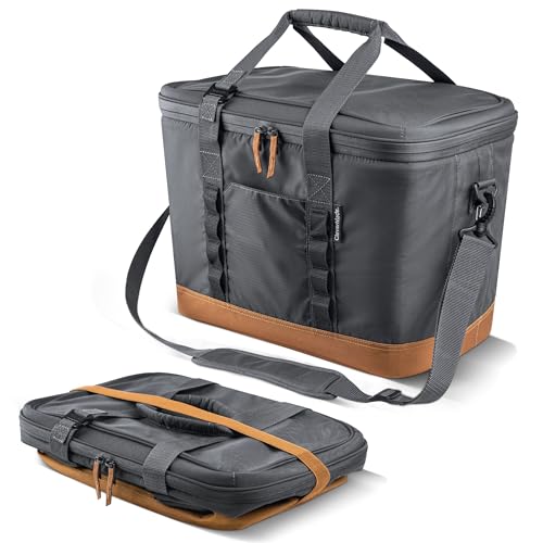 CleverMade Collapsible Cooler Bag, 50 Can Beach & Travel Car Cooler, Folding Soft Cooler, Shoulder Strap, Bottle Opener, Great Car Coolers for Travel, Leak Proof Cooler Bag [Cool Gray/Cognac]