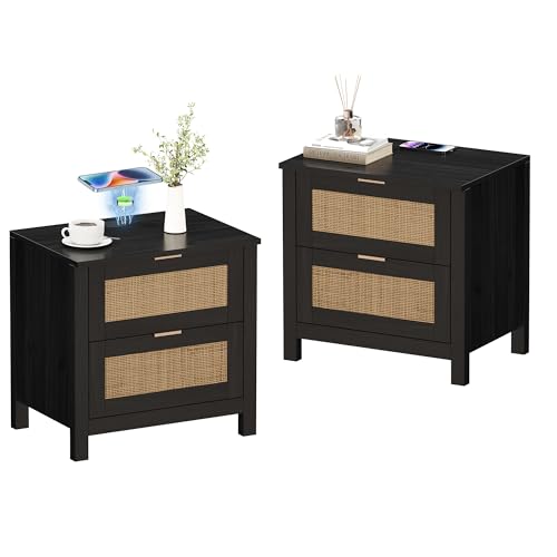 AILEEKISS Black Night Stand Set of 2, Rattan Nightstands Set of 2 with Wireless Charging Station, 2 PE Rattan Darwers Bedside Tables for Bedroom