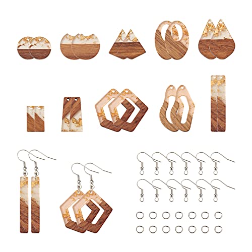 FASHEWELRY 20Pcs Resin Wooden Earring Pendants 10 Styles Gold Teardrop Rectangle Rhombus Flat Round Geometry Vintage Resin Wood Statement for Jewelry Making