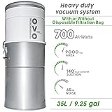 OVO Unit Heavy Duty Powerful Central Vacuum System, Hybrid Filtration (with or Without Disposable Bags) 35L or 9.25Gal, 700 Air watts with 40 ft Carpet Deluxe Accessory Kit, Silver