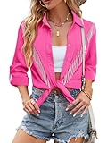 MYMORE Womens 2025 Rhinestone Fringe Shirt Blouse Western Cowgirl Sparkly Long Sleeve Diamond Sequin Tassel Button Dwon Shirt Top Nashville Country Concert Outfit Attire Hot Pink 2XL