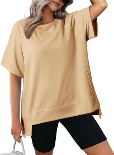 Dokotoo Womens Fashion Oversized T Shirts for Women Loose Fit Cotton Crewneck Short Sleeve Tshirt Workout Tops Summer Casual Blouse High Low Basic Tee Women's Shirts Trendy Outfits Beige X-Large