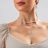 Zeffy Layered Gold Pearl Necklaces for Women 14K Gold Plated Dainty Layered Tiny Single Pearl Choker Trendy Cute Gold Necklace Stack Wedding Jewelry Sets for Women Bridesmaid Gifts