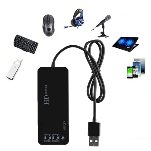 PEIYUI USB Hubs Audio Adapter External Stereo Sound Card with 3.5mm Headphone & Microphone and 3 USB Jack for Windows, Mac, Linux, PC, Laptops, Desktops, PS4 Computer External USB (6-in-1, Black)