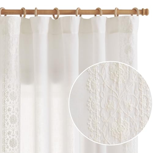 jinchan Boho Curtains for Bedroom White Vintage Floral Farmhouse Curtains 84 Inches Long Linen Blend Drapes for Living Room Embroidered Light Filtering Drapes Rod Pocket Off White 2 Panels