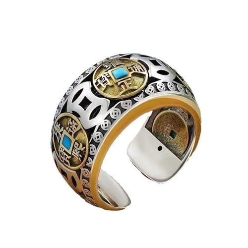 YULUYILYY Feng Shui Five Emperors Money Ring, S925 Stering Silver Engrave Cameo Ring Protection Amulet Wealth Lucky Love Health Jewelry Characters, Adjustable Open Rings for Men Women (B)