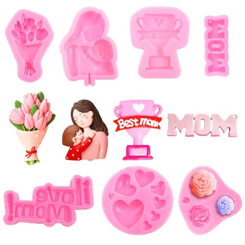 7 Pcs Mother's Day Fondant Mold Set, Love Mom Silicon Mold Best Mom Baking Mold Chocolate Mold Rose Tulip Candy Mold Gift Making for Mother's Day Cupcake Decor