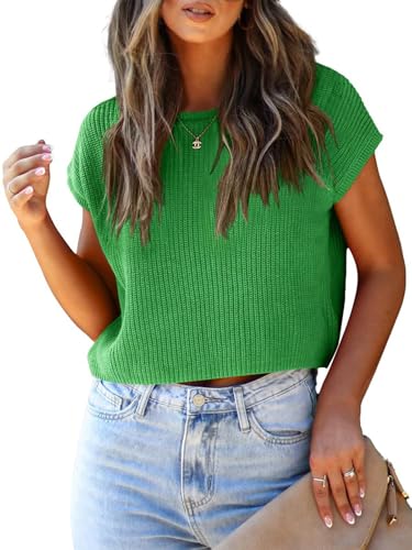 LCXWFE Womens Summer Cropped Sweater Vest Trendy Cap Sleeve Crop Tops Crew Neck Loose Knit Tank Top