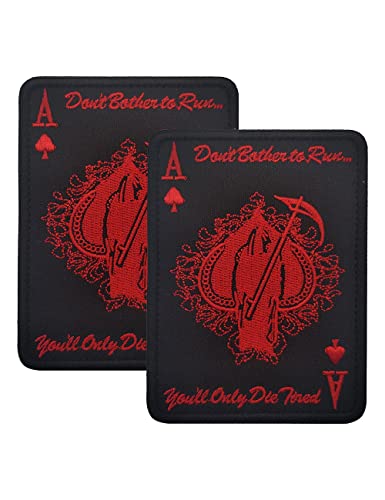 2 PCS AliPlus Poker Ace of Spades Patch Grim Reaper Patch Death Patch Embroidered Tactical Morale Patch Hook Fastener Backing(Red Black)