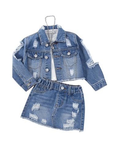 WDIRARA Girl's 2 Piece Outfit Ripped Button Front Long Sleeve Denim Jackets and Mini Skirts Set Blue 6Y