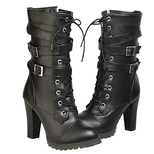 Caradise Womens Lace Up Mid Calf Goth Chunky Heel Combat Boots with Buckles Size 8.5 B(M) US,Black
