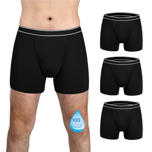 TIICHOO Mens Incontinence Underwear Washable Cotton Incontinence Boxer Briefs with Front Fly 3 Pack(X-Large, 3 Black)