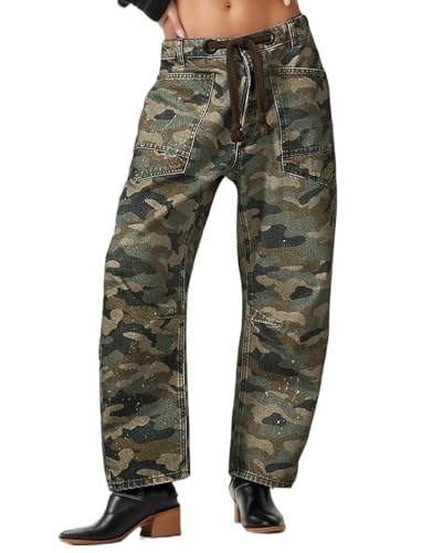 Kedera Camo Pants Barrel Jeans for Women Mid Rise Wide Leg Graphic Trousers Y2k Baggy Boyfriend Denim Pants with Pockets