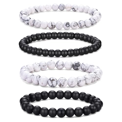 RANKEEF Mens Beaded Bracelets Lightweight 6mm/8mm Natural Stone Bracelet for Men Bead Bracelets Set Various White Black Beaded Bracelet for Men Adjustable Stretch Men's Bracelet