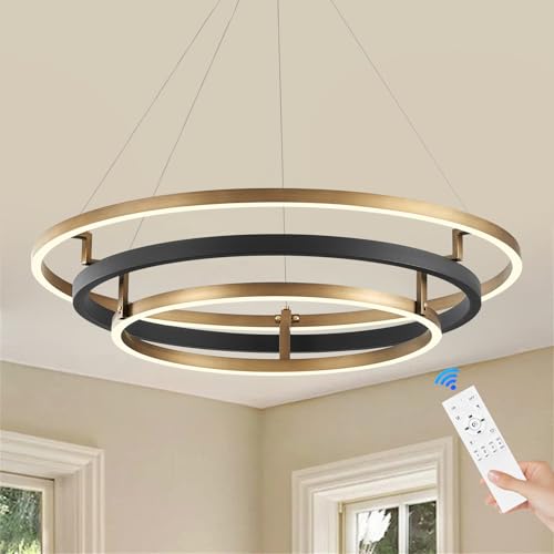 Benkut 3 Rings Modern LED Chandelier Black Gold Dimmable Circular Pendant Light for Dining Room, Foyer Chandelier with Remote Control Flush Mount High Ceiling Light for Kitchen Living Room, D30.7In