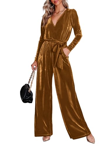 MASCOMODA 2024 Velvet Long Sleeve Wide Leg Jumpsuits for Women Dressy V Neck Belted Romper One Piece Fall Outfits with Pocket (Brown, X-Large)