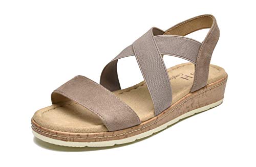 VJH confort Women's Flat sandals, Comfort Slip-on Elastic ankle strap Slingback Light Weight Casual Walking Sandals (taupe,7)