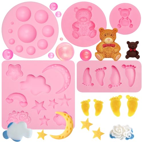 Bear Silicone Fondant Molds 5 Pcs, Star Moon Clouds Shaped Chocolate Mold Baby Shower Molds Baby Feet Mold Bead Mold for Cake Decoration Candy Cupcake Topper Polymer Clay Crafts Epoxy Resin
