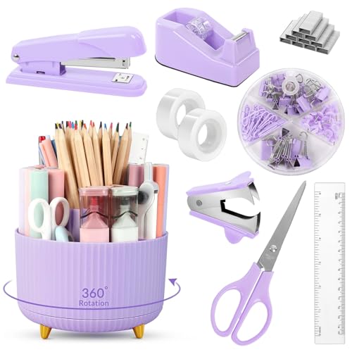 SKYDUE Purple Office Supplies Set, Purple Office Desk Accessories 10PCS, Pencil Holder for Desk, Stapler, Tape Dispenser, Scissors, Ruler, Binder/Paper Clips and 1000pcs Staples,Desk Supplies Set