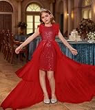 GRACE KARIN Kids Girls Red Dress Sequin Formal Pageant Birthday Party Princess Prom Maxi Dress Size 7