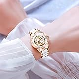 OLEVS White Ceramic Watches for Women Lucky Four Leaf Clover Skeleton Watch Two Tone Bracelet Luxury Mother of Pearl Dial Women's Automatic Watch Waterproof Big Wrist Self Winding Ladies Dress Watch