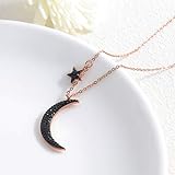 TEMICO Rose Gold Plated Stainless Steel Black Crystal Cubic Zirconia Star Moon Crescent Pendant Necklace for Women