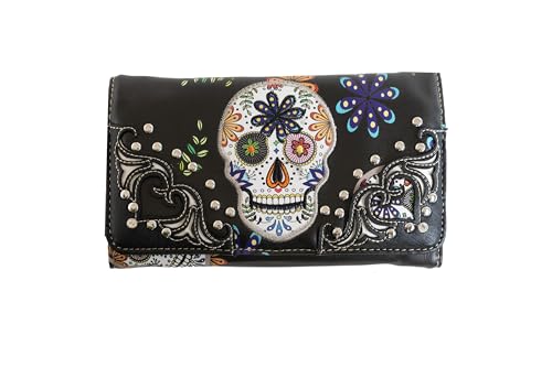 Briomhar Sugar Skull Gothic Wallet for Women - Day of the Dead Western Leather Wallet (Black)
