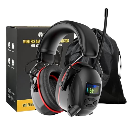Bluetooth 5.4 Hearing Protection AM FM Radio Headphones with Digital Display, 30 SNR Noise Reduction Safety Earmuffs with Rechargeable 2000 mAh Large Battery, Ear Protector for Mowing Lawn Work