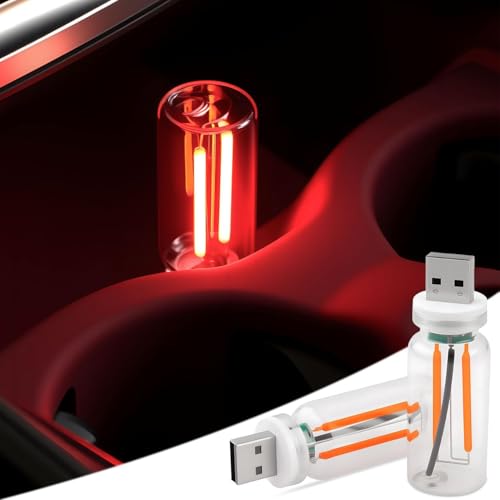 2 PCS Car USB Lights, Plug-in Retro Car Atmosphere Lamp with Touch Dimmable, Portable Mini Glass Bottle LED Bulb Night Lights for Vehicle Bedroom Hallway Camping Holiday Decoration (Red)